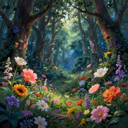 fantastic flowers in the magic forest, by esao andrews, thomas kinkade, high light, glow, high detailed, 4 k resolution