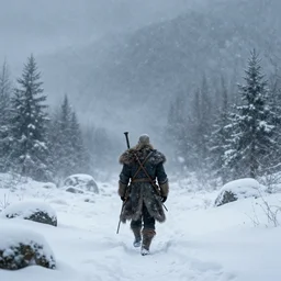 a viking walking in snowy landscapes full of blizzard, award winning, trending on artstation, unreal engine