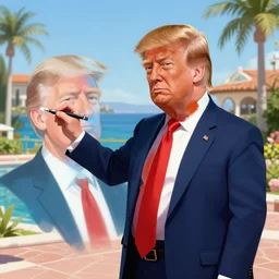 character art by ruan jia, young donald trump paints a portrait of himself older at mar - a - lago