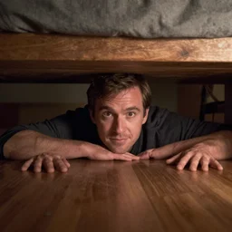 A photograph of Todd Howard looking out from under a bed, 4K UHD, high quality, low light, funny