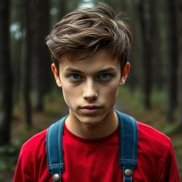 portrait, male teenager, dark shaped eyes, brown hair, red shirt, blue jeans, walking in forest, detailed face, realistic photo.