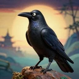 black raven bird, james jean style, utagawa kunisada style, vfx art, unreal engine render, claymation style, colourful, volumetric light, digital painting, digital illustration, dramatic light,