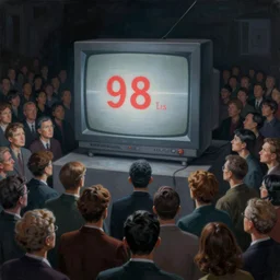 a dark painting of hundreds of people being brainwashed by a giant 1 9 8 0 s crt television