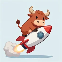 a cartoon bull riding a rocket there there is a trail of smoke coming from the rocket the bull has twisted smile, cell shaded, flat lighting, drop shadows, bull riding a rocket