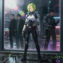 cyberpunk anime art, refractions on lens, mark hamill as a beautiful cyborg girl in the style of arcane, full round face, biomechanical details, full body shot, rain, wet street, window reflections, lens flare, wlop, ilya kuvshinov, artgerm, krenz cushart, greg rutkowski