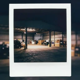 liminal polaroid of a warehouse at night, art by wayne barlow, deep depth of field. highly detailed, hyper realism, hd, 4 k
