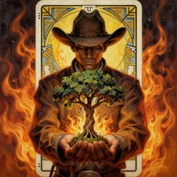 a beautiful dramatic epic ethereal symmetrical painting of a cowboy with a tree growing from his cupped hands | he is dark skinned and wearing a cowboy hat | the background is flames | tarot card, art deco, art nouveau | by Mark Maggiori | trending on artstation