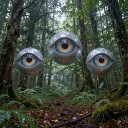 bright forest, sparkling three eyed spirits, detailed wide shot, chromatic, ground detailed, wet eyes reflecting into eyes reflecting into infinity, beautiful lighting