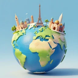 llustration of the globe with 3 d top touristic attractions on it, 3 d render, 3 d model, smooth, ray tracing, illustration, in the style of shkret