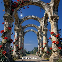 poster by Sonia Delaunay of broken arches leading to the pillars of eternity draped with red flowers and vines, blue sky, lens flare, a sense of mystery, cinematic, ultra detailed, intricate, sharp focus, trending on artstation, 8K