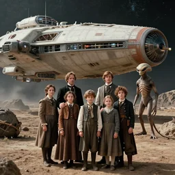 sharp, detailed, 32768k film still from a sci fi blockbuster color movie made in 2019, set in 1860, of a family standing in front of a spaceship that has just landed on an alien planet, a humanoid alien creature stands nearby, the family are all wearing 1860s era clothes, good lighting, good photography, in focus