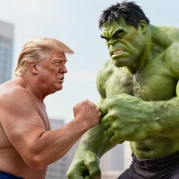 Donald Trump punches hulk, hyper realism, high detail, octane render, 8k, depth of field