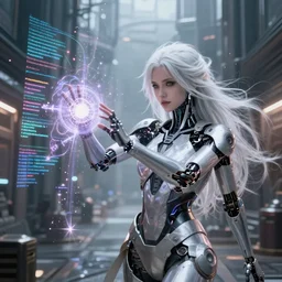 cyberpunk android sorceress casting a magical spell, magic lines of code in the air, scifi, special effects, beautiful girl, white hair, cinematic lighting, atmosphere, sparks, energy, digital world, highly detailed, futuristic street, foggy weather, masterpiece, artstation, art by eddie mendoza and leif heanzo