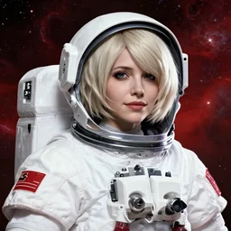 highly detailed portrait of a hopeful pretty astronaut lady with a wavy blonde hair, by dustin nguyen, akihiko yoshida, greg tocchini, greg rutkowski, by kaethe butcher, 4 k resolution, nier : automata inspired, bravely default inspired, vibrant but dreary but upflifting red, black and white color scheme!!! ( ( space nebula background ) )