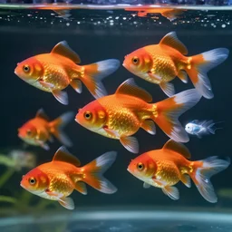 highly detailed photo of beautiful colorful gold fish under water, five fish only, hyper realistic, concept art, 8 k detail post - processing