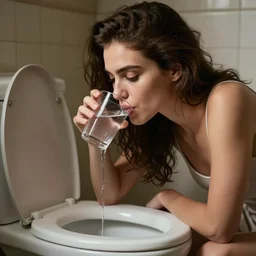 photo of a woman drinking water out of a toilet
