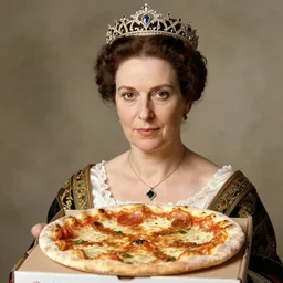 head and shoulders portrait of queen margherita of savoy holding up a pizza to the camera, historical portrait photo