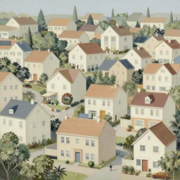 an elaborate and dense painting of a peaceful neighborhood in the 1 9 5 0 /, made of alcohol ink on parchment, by wes anderson and geoff darrow