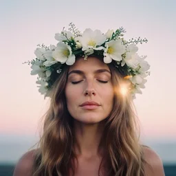 A analog head and shoulder frontal portrait photography of a woman wearing an intricate white flowers crown by Annie Leibovitz. Long hair. eyes closed. soft gradient pastel color background. Kodak Color Plus 400 film. Icelandic mood. detailed. hq. realistic. warm light. muted colors. lens flare. Glare and bloom. photoreal. Leica M9.