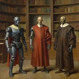 three brutalist robot bishops in a study chambers, grant wood, pj crook, edward hopper, oil on canvas