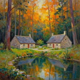 stone cottages underneath a dense tall forest, pristine ponds. bodyscapes. fine painting intricate brush strokes, bright depth oil colors. 2 8 mm perspective photography by araken alcantara. intense promiseful happiness, autumn sunrise warm hdri forest light
