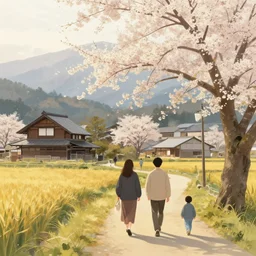 walking around rural shirakawa - go, gifu, japan. volumetric lighting, spring early, nice slight overcast weather, realistic illustration, perfectly shaded, ( golden hour ), soft painting, low angle, art by krenz cushart and wenjun lin
