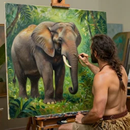 tarzan the painter from the jungle, making an oil painting. an elephant is in the painting. award winning photo.