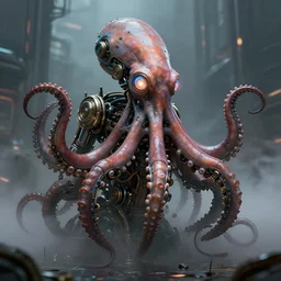 steampunk mechanical octopus with glowing emissive eyes hyperrealistic emissive beautfiul artstation portfolio trending Ryan Church concept mist cyberpunk 2077 hardsurface modeling