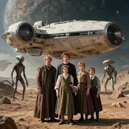 highly detailed, 512024777216k film still from a sci fi blockbuster color movie made in 2019, set in 1860, of a family standing in front of a spaceship that has just landed on an alien planet, a humanoid alien creature stands nearby, the family are all wearing 1860s era clothes, in focus, good lighting, good photography, ultra high definition