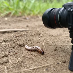 a worm on the ground, shot from a camera sitting on the ground