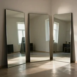 three square mirrors stand parallel to each other refracting each other recursively in a mirror room, natural lighting, cinematic lighting, 4 k, global illumination
