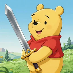 Winnie the Pooh holding a giant sword, hd, intricate, Kingdom Hearts, 8k, digital art