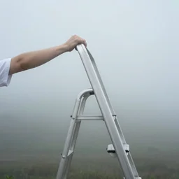 a hand holding a step ladder emerges from the ethereal mist