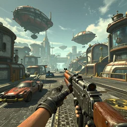 video game still of a steampunk first person shooter game set in an overpopulated sci with first person sci - fi gun in frame - fi steampunk city, flying steampunk airships and vehicles, unreal engine 5,