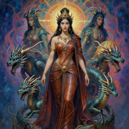 sublimely attractive hindu kali clothed female goddess dragon born assassins of the mystic unity, fine leather draped over form, hindu see through clothing, psychedelic fractal background, illustrative character design, concept art, tales of earthsea, sky witch, colorful, matte painting, soft illumination, painting by gaston bussiere, craig mullins, j. c. leyendecker, tom of finland
