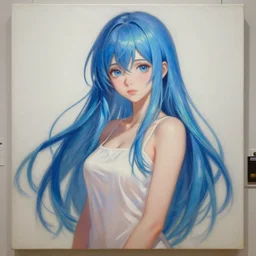 an infinitely detailed full - body detailed artwork of an anime girl with long iridescent blue hair museum - quality oil painting,, by fkey, cute - fine - face beautiful highly detail full - body render, trending on artstation!!!, 4 k, rule of thirds, perfect anatomy, artstation