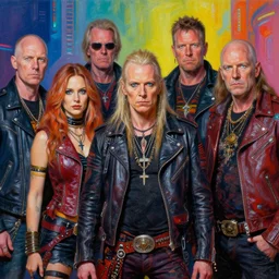 apocalyptic scifi orcish biker characters standing together, professional group photo, psychedelic vibrant colors, futuristic punk rock fashion, oil painting by michael whelan art, perfect faces, sharp focus, detailed eyes, realistic, leather jackets, 8 k