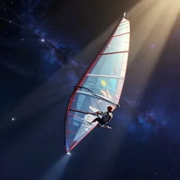 parasailor in outer space, breathtaking sailing among the stars, pixar and disney style, ghibli studio, masterpiece, high quality, highly detailed, high coherence, path traced, bloom, godrays crossing the scene, complementary colors, apocaliptic ambient, beautiful, elegant, breathtaking landscape