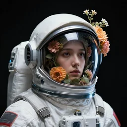 cosmonaut portrait, flowers on helmet, black background, sci - fi, futuristic, 8 k