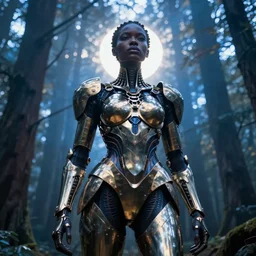 neo-surreal very beautiful black woman, highly detailed exoskeleton armor in a forest, sun behind her, concept art brad kunkle elson peter, dramatic blue light low angle hd 8k sharp focus