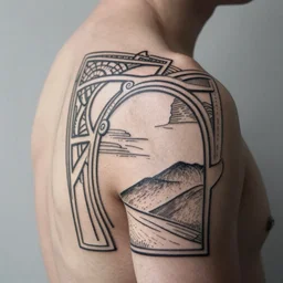 straight mirrored minimalist art nouveau shoulder tattoo, wide, intricate detail, simple lines, curvy