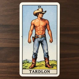 a beautiful tarot! card of a handsome!!!! shirtless cowboy wearing cowboy hat and boots with a chunky build and beer belly next to a campfire, homoerotic!, art deco!, art nouveau!,  by Walter Crane, by Mark Maggiori, trending on artstation