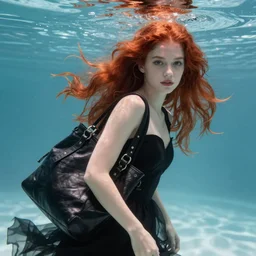 portrait of a girl with long red hair in a black dress, under water, very beautiful style, girl wrapped in leather salafan bag black, жан - мишель баския photorealism edgard maxence,