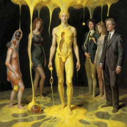 human mitosis by norman rockwell and gil elvgren and michal karcz and magali villeneuve and gerald brom and greg rutkowski, chiaroscuro!!, solarpunk!, opaque yellow liquid, floating, tendrils, ooze, hyperrealism, surrealism