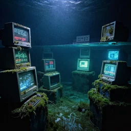 an abandoned spooky underwater aquarium filled with 1 9 8 0 s computers, illuminated displays, aquatic exhibition, covered in algae, photo taken on fujifilm superia