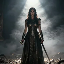 elisha cuthbert as the goddess of war. movie still. sinister atmospheric lighting. highly detailed, ground mist, radiant light, movie by stanley kubrik