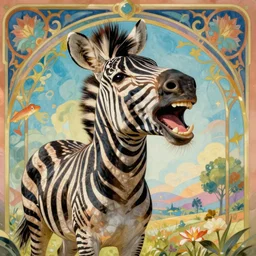 realistic laughing smiling, happy, open mouth zebra art by george stubbs on a colorful, bright, ornate background in art nouveau style