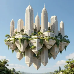 geometrically symmetrical hanging garden based on the design of versailles in an american megacity made of travertine brutalist temples, sci-fi, blue sky, optimistic matte painting, concept art, style by syd mead, 8k, octane render