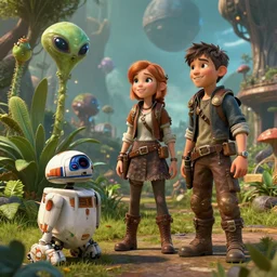 set in a steampunk world, a girl and a boy standing next to some alien plants, looking happy, their pet droid is nearby, in a park on a alien planet, ultra realistic facial details, enhanced faces, ultra photorealistic raytracing, 8k