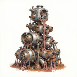 colored pencil of 1 1 horrifying chromed machines in tiers, flayed by rust, by wayne d barlowe, boris vallejo, geof darrow, stefano tamburini, torch light, muted colors, epic, hyper detailed, awe inspiring, award winning horror, hyper realism, cinematic